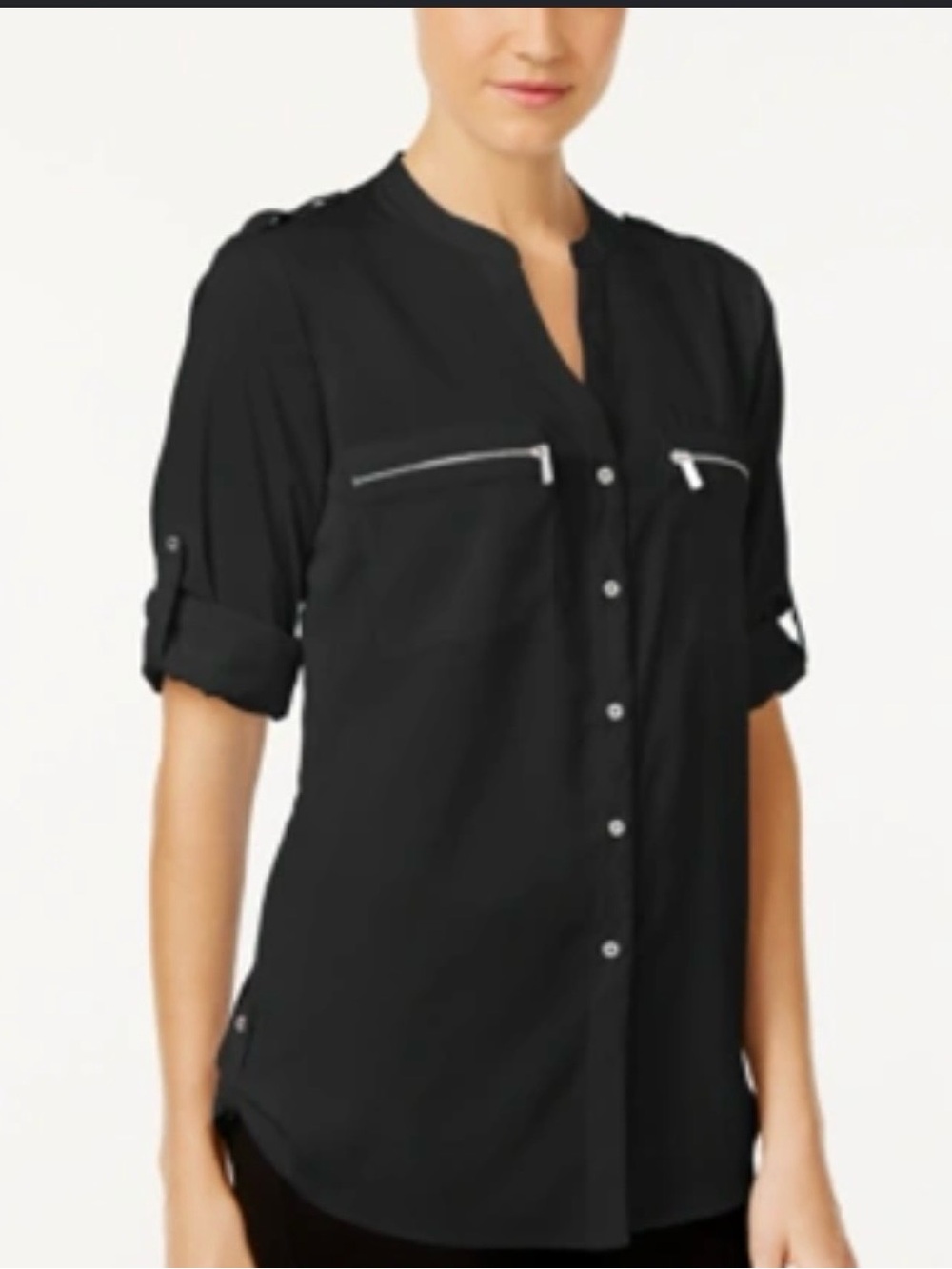 Michael Kors Black Button-Front Blouse with Zip Chest Pockets